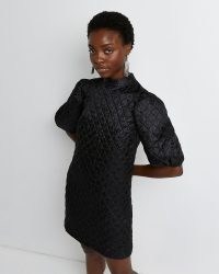 River Island BLACK QUILTED MINI DRESS | puff sleeve party dresses | chic LBD | evening glamour