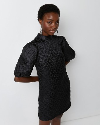 River Island BLACK QUILTED MINI DRESS | puff sleeve party dresses | chic LBD | evening glamour - flipped