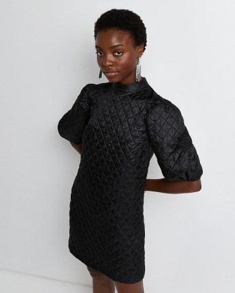 River Island BLACK QUILTED MINI DRESS | puff sleeve party dresses | chic LBD | evening glamour