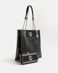 River Island BLACK RI MONOGRAM EMBOSSED SHOPPER BUNDLE | womens bag and purse sets | chain detail shoppers | bags and matching purses