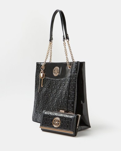 River Island BLACK RI MONOGRAM EMBOSSED SHOPPER BUNDLE | womens bag and purse sets | chain detail shoppers | bags and matching purses - flipped