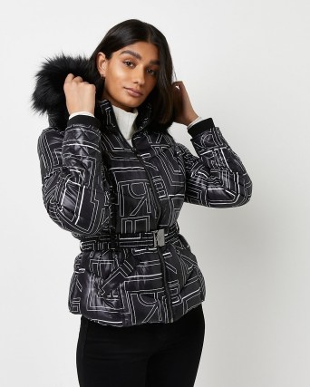 RIVER ISLAND BLACK RI MONOGRAM QUILTED PUFFER COAT ~ womens on-trend faux fur hood winter coats - flipped