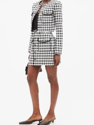 SELF-PORTRAIT Round-neck checked-twill cropped jacket ~ chic black and white check crop hem jackets - flipped