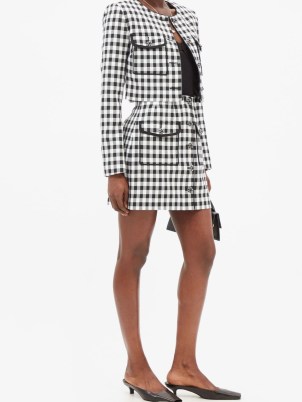 SELF-PORTRAIT Round-neck checked-twill cropped jacket ~ chic black and white check crop hem jackets