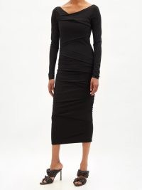 RAEY Ruched low-back jersey bodycon dress in black – form fitting occasion fashion – asymmetric neckline LBD – chic party dresses – sophisticated cocktail clothing