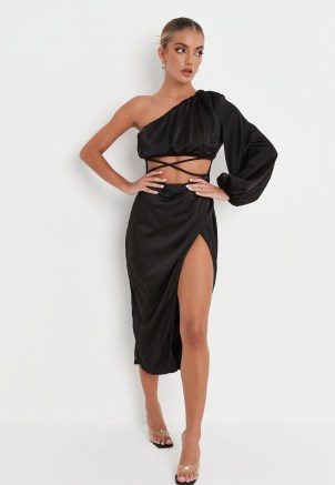 MISSGUIDED black satin one shoulder cut out midaxi dress ~ asymmetric split hem party dresses ~ glamorous going out fashion - flipped