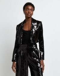 RIVER ISLAND BLACK SEQUIN CROPPED BLAZER / womens sequinned crop hem blazers / women’s glamorous evening jackets / on-trend party fashion