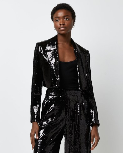 RIVER ISLAND BLACK SEQUIN CROPPED BLAZER / womens sequinned crop hem blazers / women’s glamorous evening jackets / on-trend party fashion - flipped