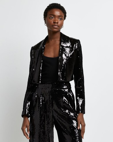 RIVER ISLAND BLACK SEQUIN CROPPED BLAZER / womens sequinned crop hem blazers / women’s glamorous evening jackets / on-trend party fashion