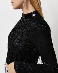 RIVER ISLAND BLACK SEQUIN FRINGE TOP ~ womens long sleeve high neck sequinned tops ~ beaded party fashion