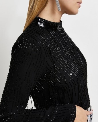 RIVER ISLAND BLACK SEQUIN FRINGE TOP ~ womens long sleeve high neck sequinned tops ~ beaded party fashion - flipped