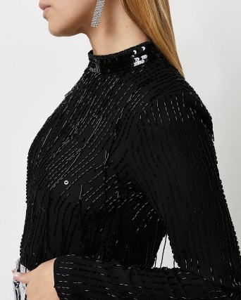 RIVER ISLAND BLACK SEQUIN FRINGE TOP ~ womens long sleeve high neck sequinned tops ~ beaded party fashion