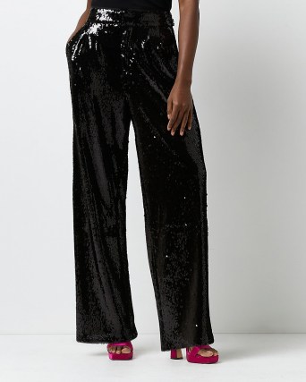 RIVER ISLAND BLACK SEQUIN WIDE LEG TROUSERS / womens sequinned evening pants / women’s glamorous party fashion - flipped
