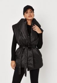 MISSGUIDED black shawl collar belted puffer gilet – padded tie waist gilets – womens sleeveless winter jackets