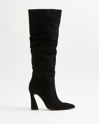 RIVER ISLAND BLACK SUEDE KNEE HIGH HEELED BOOTS ~ sculpted high block heel boots - flipped