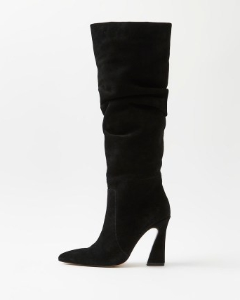 RIVER ISLAND BLACK SUEDE KNEE HIGH HEELED BOOTS ~ sculpted high block heel boots