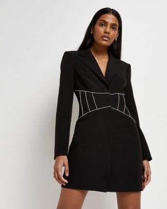 RIVER ISLAND BLACK TAILORED BLAZER DRESS ~ contrast stitch detail jacket dresses ~ chic party fashion ~ smart going out evening clothing ~ LBD