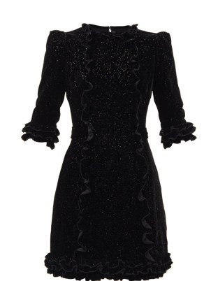 THE VAMPIRE’S WIFE The Mini Cate ruffled glitter-velvet dress in black | the perfect ruffle trim LBD | frill detail party dresses