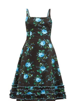 MOLLY GODDARD Verity floral-print cotton midi dress / black sleeveless vintage style prom dresses / ruffle hem fit and flare - flipped