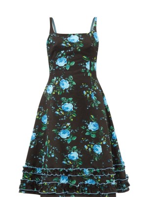 MOLLY GODDARD Verity floral-print cotton midi dress / black sleeveless vintage style prom dresses / ruffle hem fit and flare