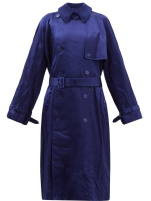 BALENCIAGA Backwrap blue crinkled-satin trench coat | womens belted cuff strap detail coats - flipped