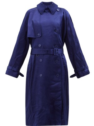 BALENCIAGA Backwrap blue crinkled-satin trench coat | womens belted cuff strap detail coats
