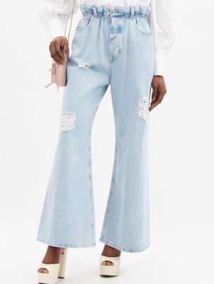 MIU MIU Crystal-embellished high-rise wide-leg jeans | womens denim fashion covered with crystals | paperbag waist | women’s designer logo print clothing