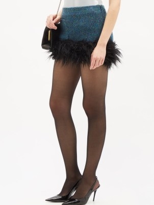 SAINT LAURENT Faux fur-trim wool tweed mini skirt / blue designer skirts - flipped
