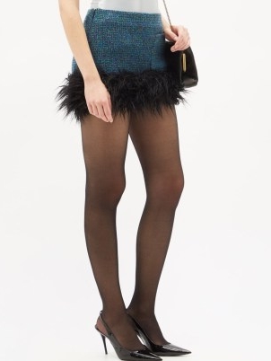 SAINT LAURENT Faux fur-trim wool tweed mini skirt / blue designer skirts