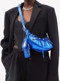 BALENCIAGA Le Cagole XS blue metallic-leather shoulder bag – shiny glamorous crossbody – high shine designer handbags – a touch of glamour
