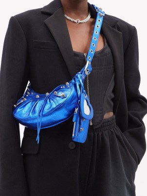 BALENCIAGA Le Cagole XS blue metallic-leather shoulder bag – shiny glamorous crossbody – high shine designer handbags – a touch of glamour - flipped