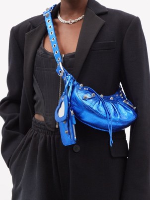 BALENCIAGA Le Cagole XS blue metallic-leather shoulder bag – shiny glamorous crossbody – high shine designer handbags – a touch of glamour