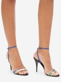SAINT LAURENT Manhattan blue metallic leather stiletto sandals – strappy party shoes – glamorous ankle strap high heels