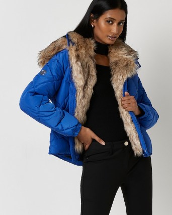 River Island BLUE QUILTED PUFFER COAT – faux fur trim hooded coats – women’s padded winter outerwear - flipped