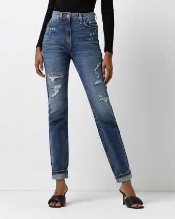 River Island BLUE RIPPED HIGH WAISTED MOM JEANS | womens distressed denim fashion - flipped