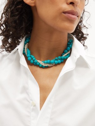 YVONNE LÉON Turquoise, pearl & 9kt gold beaded necklace ~ blue stone bead twist effect necklaces ~ womens fine statement jewellery - flipped