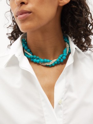 YVONNE LÉON Turquoise, pearl & 9kt gold beaded necklace ~ blue stone bead twist effect necklaces ~ womens fine statement jewellery