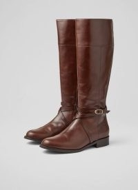 L.K. BENNETT BONNIE BROWN LEATHER RIDING BOOTS ~ womens buckle snd strap detail knee high boots ~ women’s stylish winter footwear
