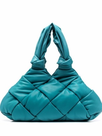 Bottega Veneta Padded Lock intrecciato tote bag in turquoise | woven leather handbags | blue designer bags - flipped