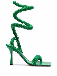 Bottega Veneta Wire Stretch leather sandals in dark green – wraparound square toe high heels