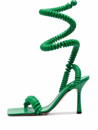 Bottega Veneta Wire Stretch leather sandals in dark green – wraparound square toe high heels - flipped
