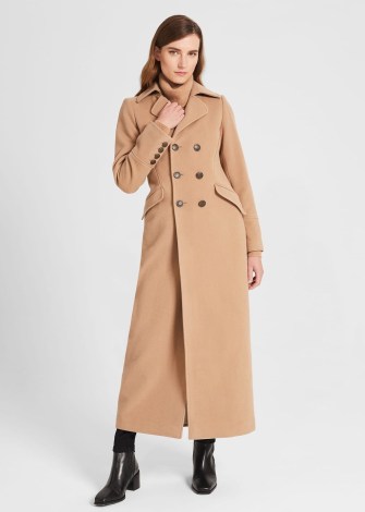 HOBBS BRENNA WOOL BLEND MAXI COAT CAMEL – women’s longline military style coats – womens chic winter outerwear - flipped