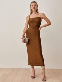 REFORMATION Breslin Dress in Rose Gold Sparkle ~ skinny strap metallic evening dresses ~ glamorous party fashion