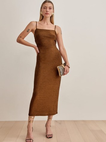 REFORMATION Breslin Dress in Rose Gold Sparkle ~ skinny strap metallic evening dresses ~ glamorous party fashion - flipped