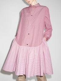 Brøgger peplum-hem striped shirtdress ~ red stripe cotton shirt dress ~ pointed collar ~ long sleeve tiered hem dresses ~ voluminous fashion