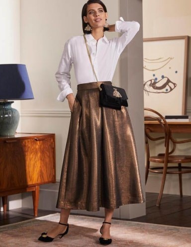 BODEN Bronzed Full Midi Skirt Metallic / shiny brown tone party skirts / glamorous evening fashion - flipped