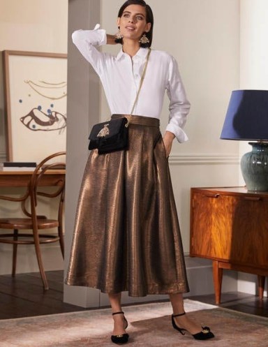 BODEN Bronzed Full Midi Skirt Metallic / shiny brown tone party skirts / glamorous evening fashion