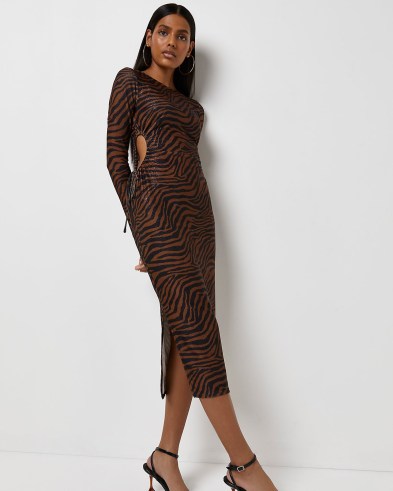 RIVER ISLAND BROWN ANIMAL PRINT BODYCON DRESS – fitted evening fashion – side cut out party dresses - flipped