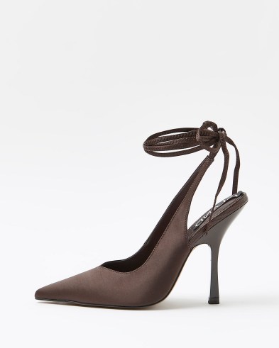 RIVER ISLAND BROWN ANKLE TIE STRAP COURT SHOES ~ strappy courts - flipped