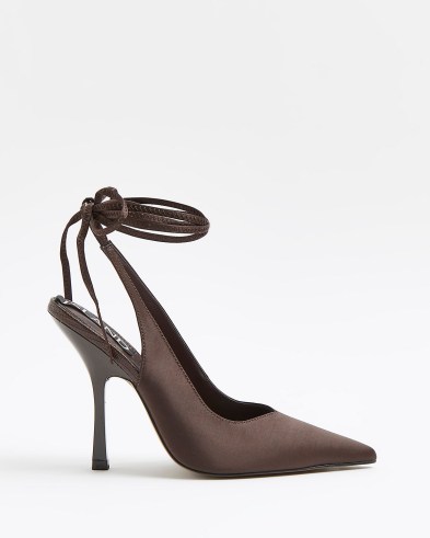 RIVER ISLAND BROWN ANKLE TIE STRAP COURT SHOES ~ strappy courts